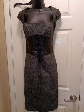 Vintage Bebe Faux Leather Corset-Waist Tweed Sheath Dress - Black/Grey